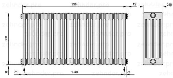 Схема (чертеж) Радиатор Zehnder Charleston 6090/24 №5310 Белый глянцевый RAL 9016